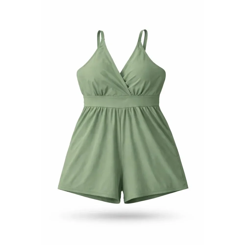 BloomChic 22-24 Sage Green Swim Romper One Piece Shorts Swimsuit Pockets